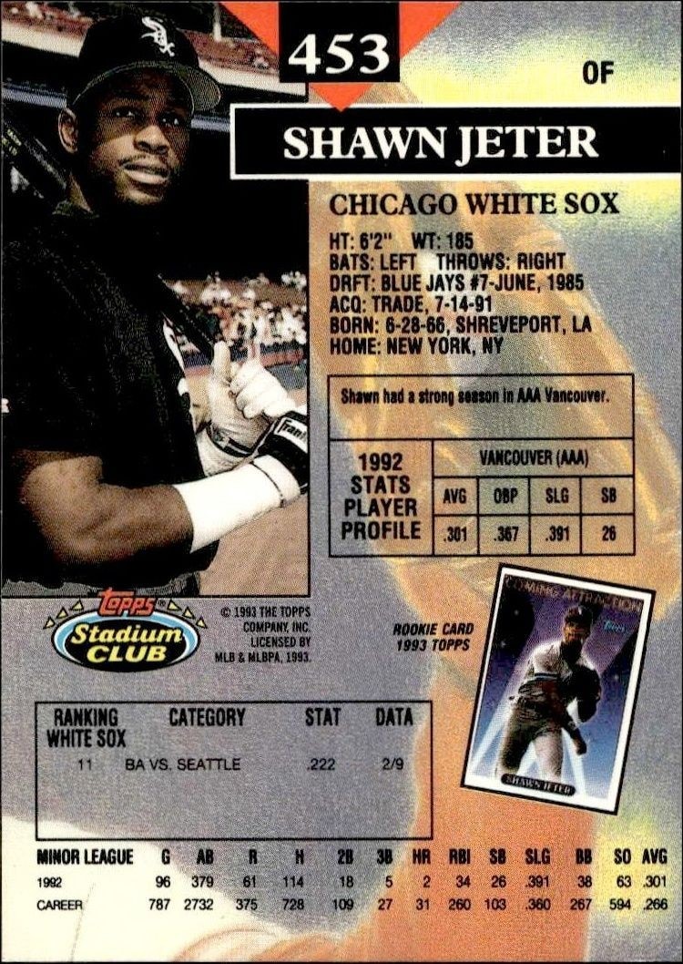 1993 Topps Stadium Club Shawn Jeter #453 baseball trading card back