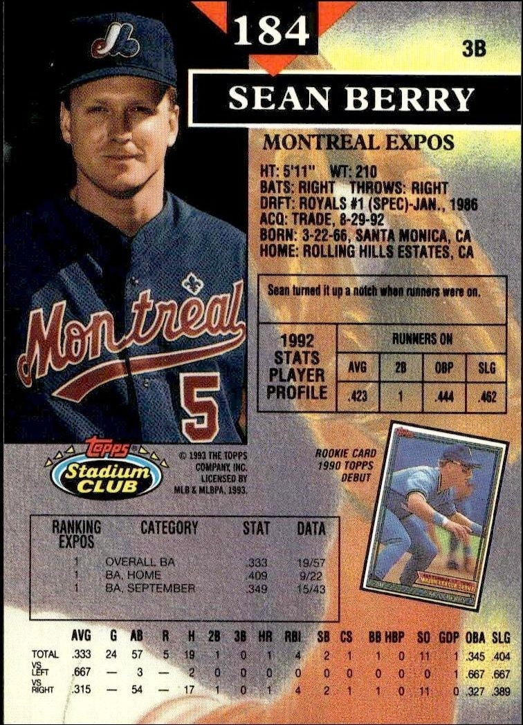 1993 Topps Stadium Club Sean Berry #184 baseball trading card back