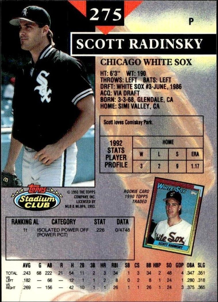 1993 Topps Stadium Club Scott Radinsky #275 baseball trading card back