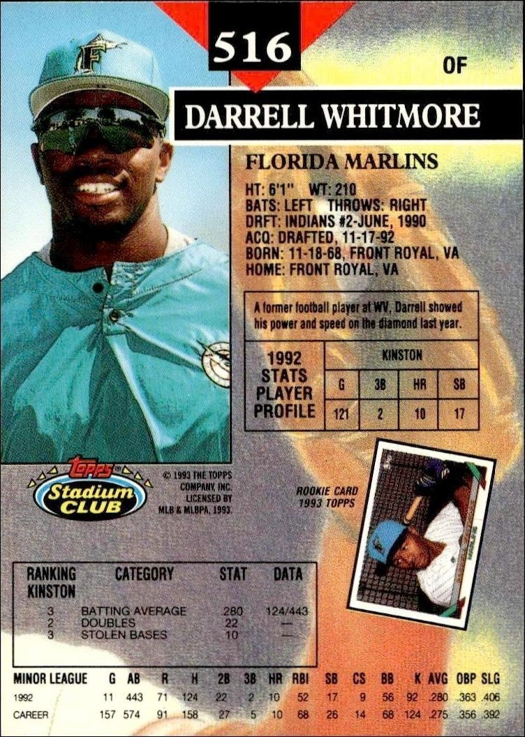 1993 Topps Stadium Club Darrell Whitmore #516 baseball trading card back