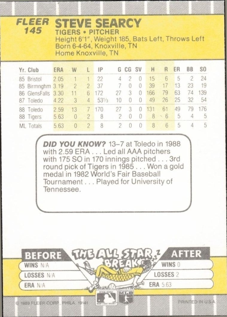 1989 Fleer Steve Searcy #145 baseball trading card back
