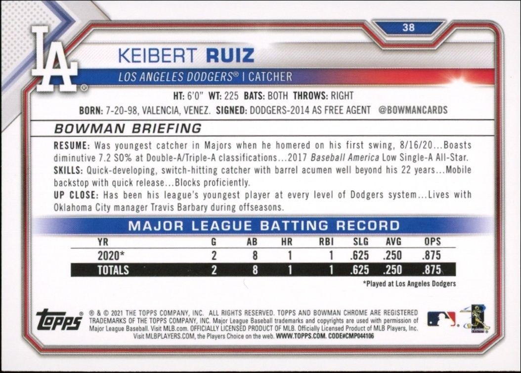 2021 Bowman Keibert Ruiz #38 baseball trading card back