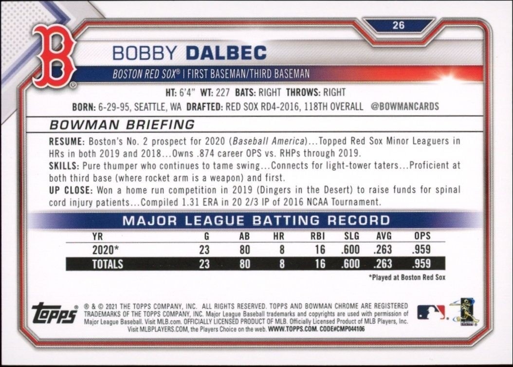 2021 Bowman Bobby Dalbec #26 baseball trading card back