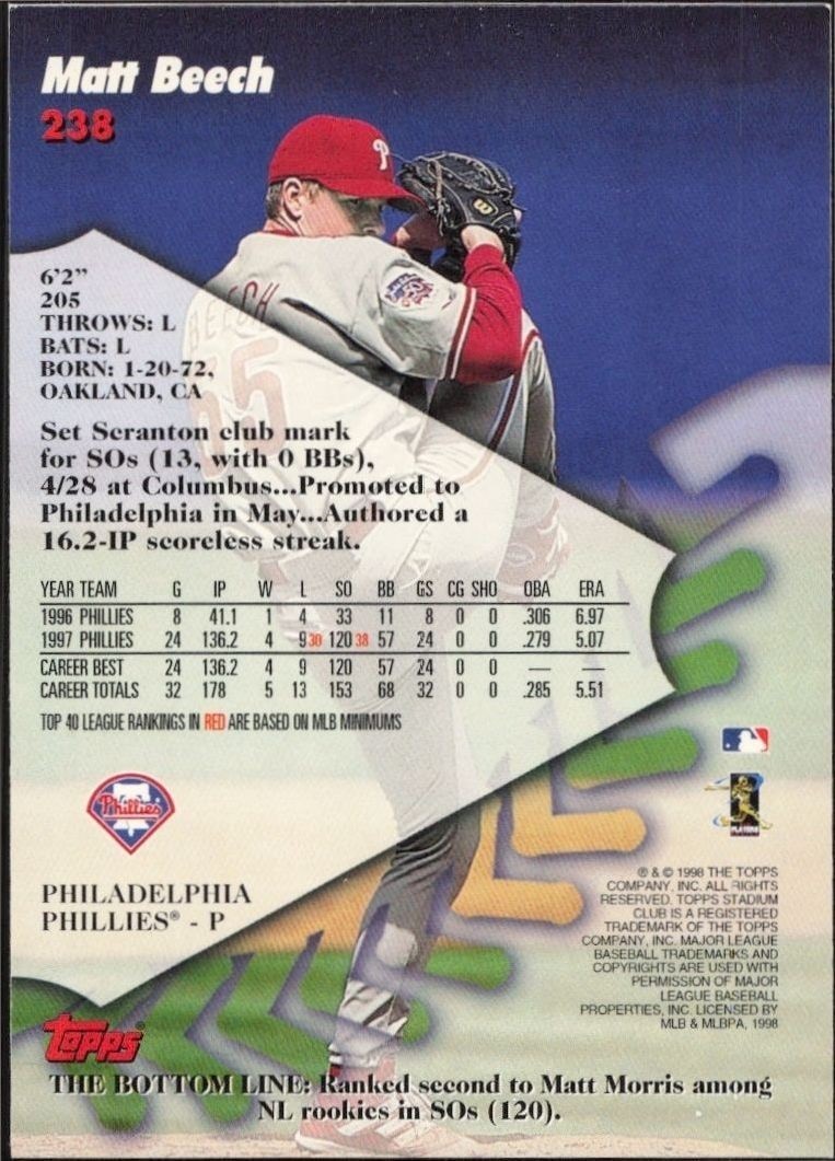 1998 Topps Stadium Club Matt Beech #238 baseball trading card back