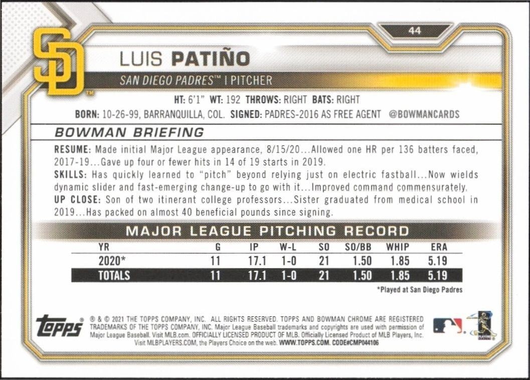 2021 Bowman Luis Patiño #44 baseball trading card back