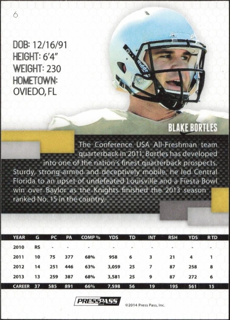 2014 Press Pass Blake Bortles #6 football trading card back