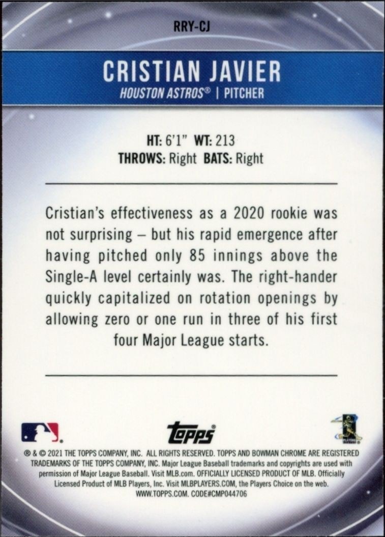 2021 Bowman Cristian Javier #RRY-CJ baseball trading card back