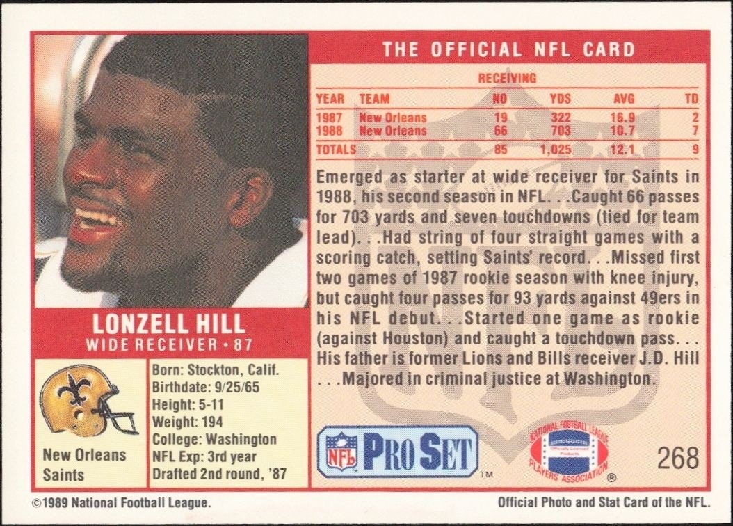 1989 Pro Set Lonzell Hill #268 football trading card back