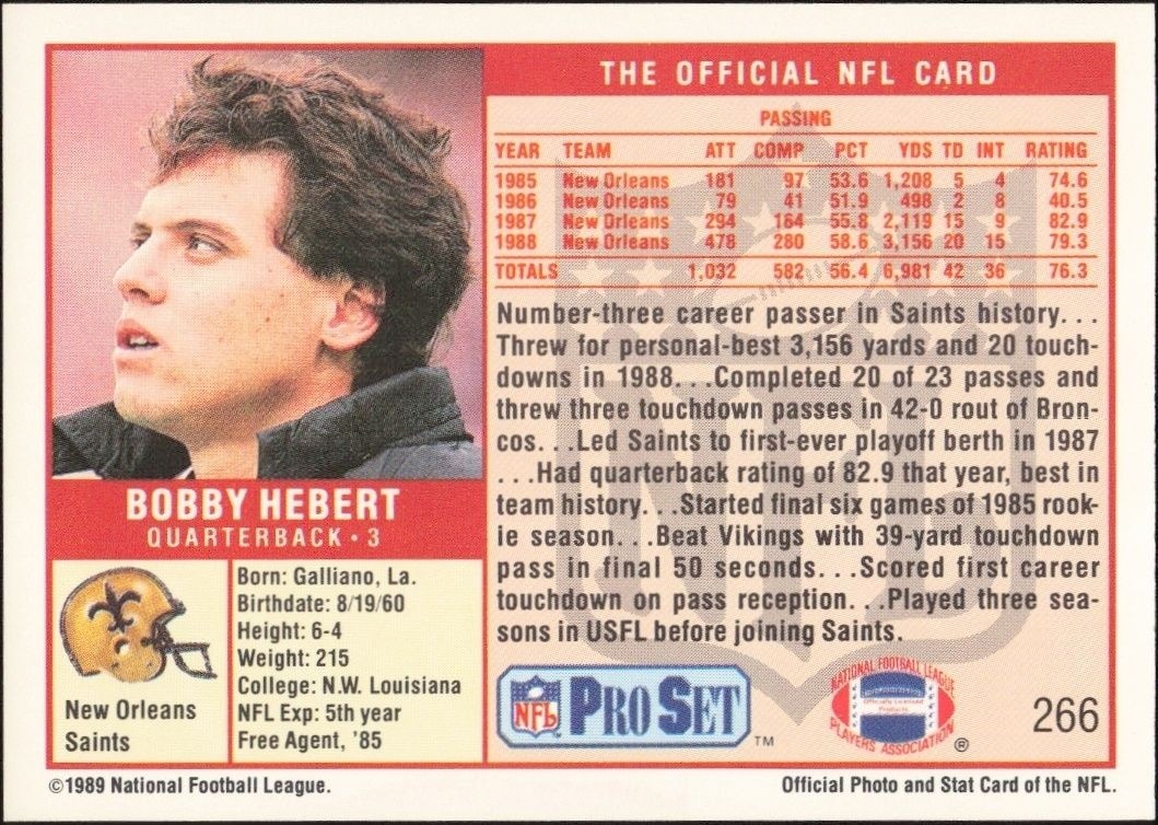 1989 Pro Set Bobby Hebert #266 football trading card back