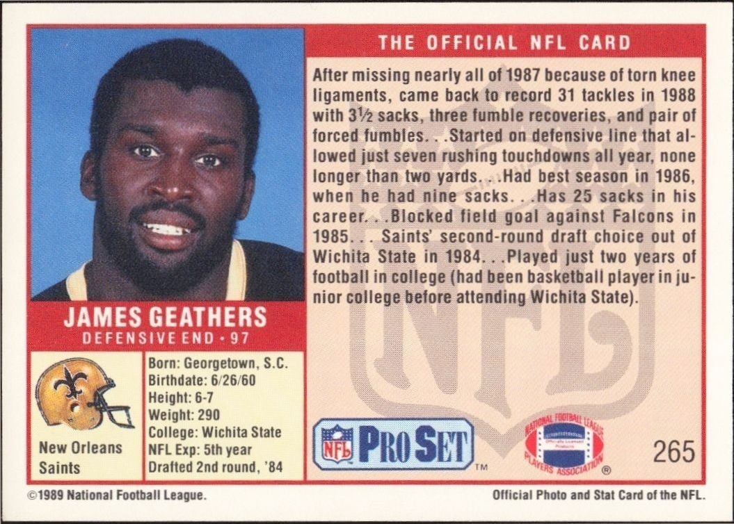 1989 Pro Set James Geathers #265 football trading card back
