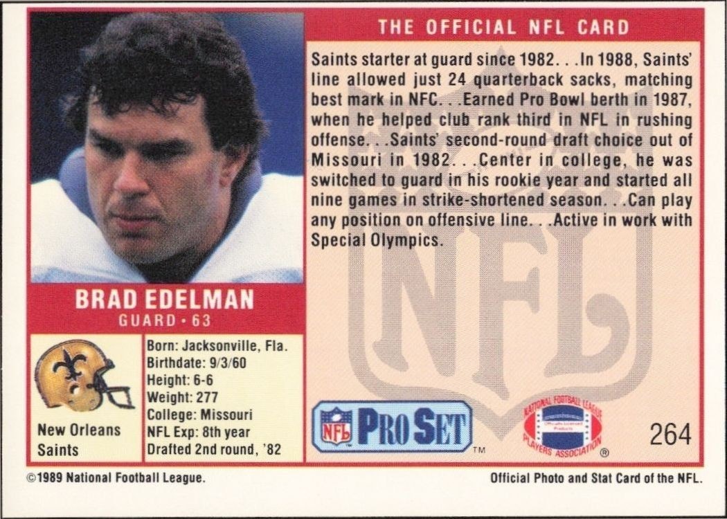 1989 Pro Set Brad Edelman #264 football trading card back