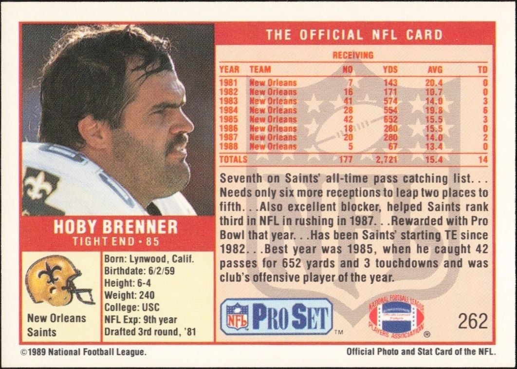 1989 Pro Set Hoby Brenner #262 football trading card back