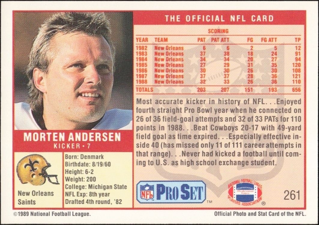 1989 Pro Set Morten Andersen #261 football trading card back