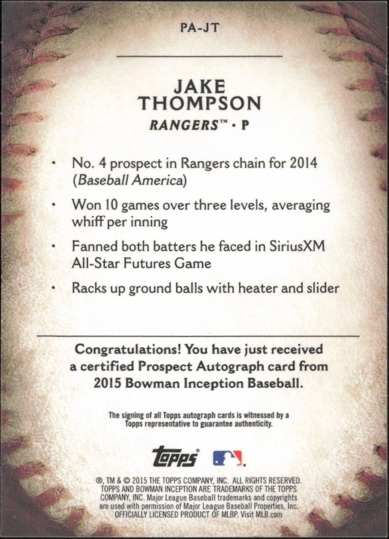 2015 Bowman Inception Jake Thompson #PA-JT baseball trading card back