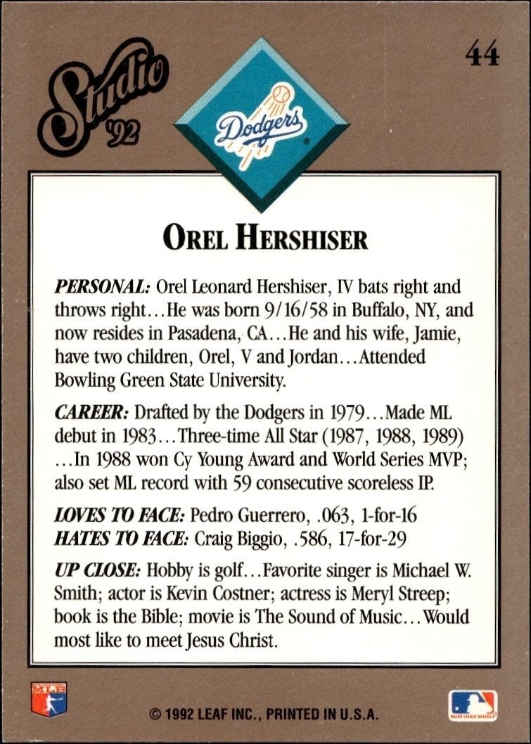 1992 Leaf Studio Orel Hershiser #44 baseball trading card back