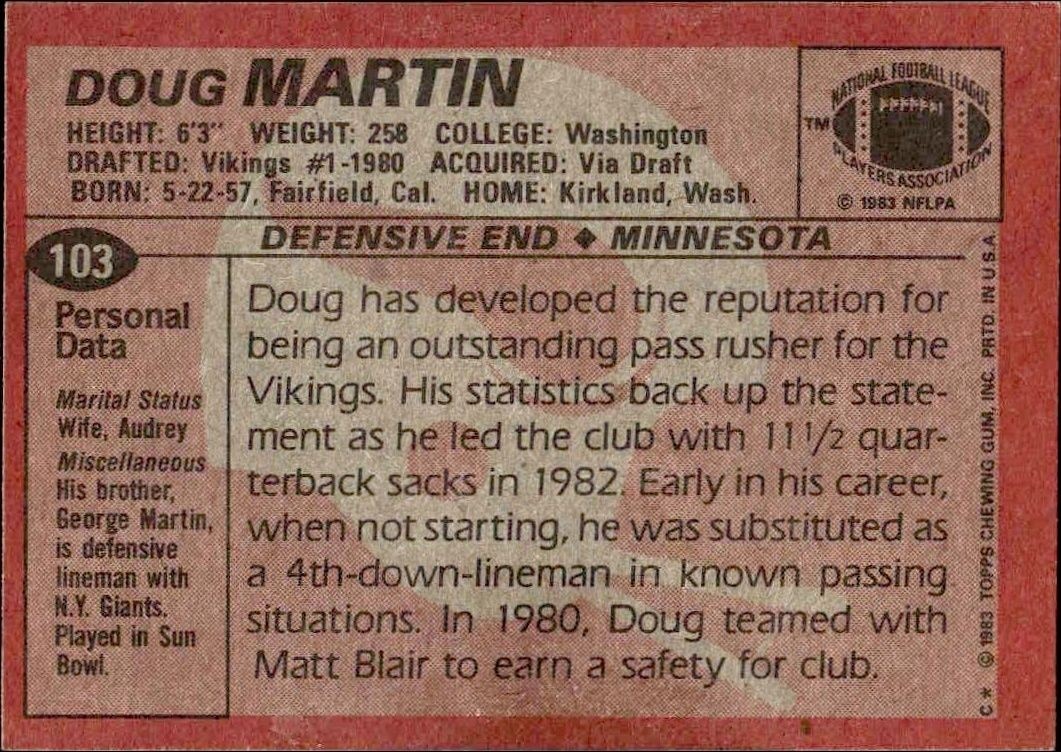 1983 Topps Doug Martin #103 football trading card back
