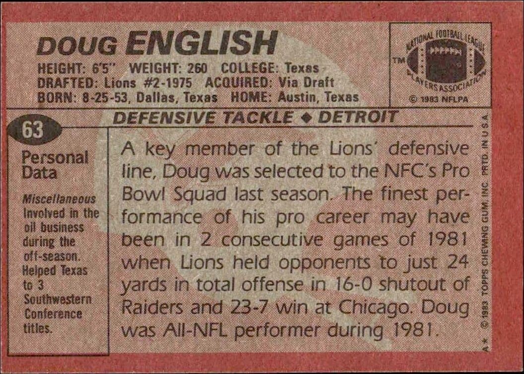 1983 Topps Doug English #63 football trading card back