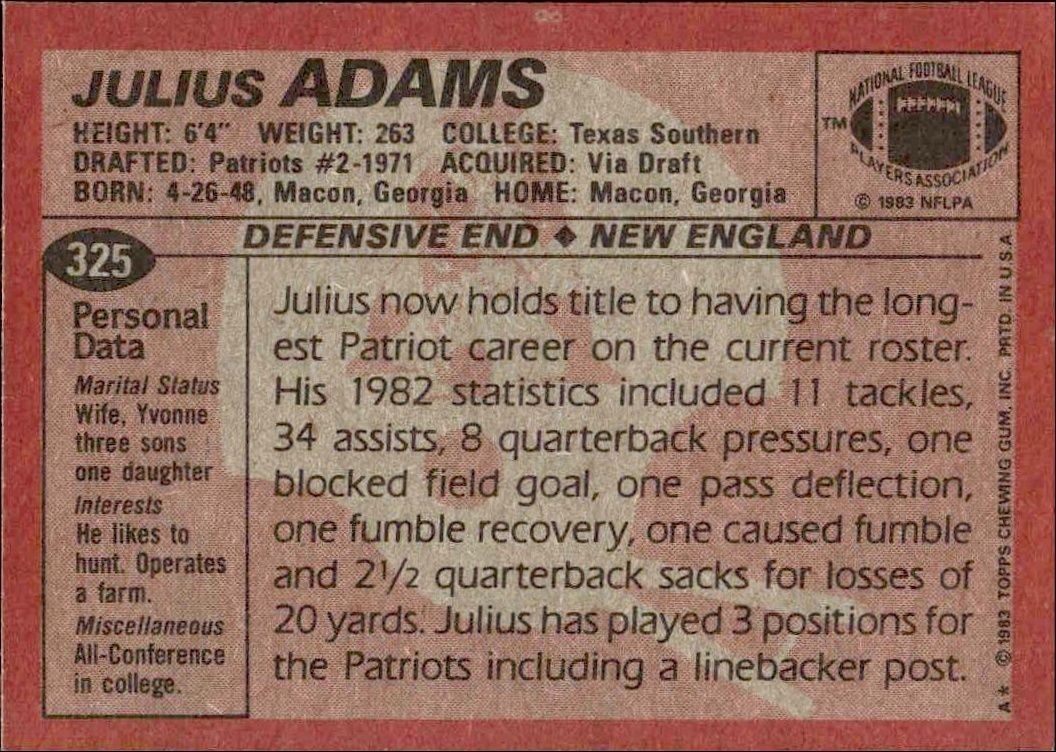 1983 Topps Julius Adams #325 football trading card back