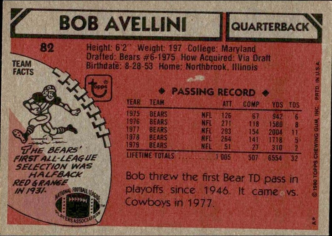 1980 Topps Bob Avellini #82 football trading card back