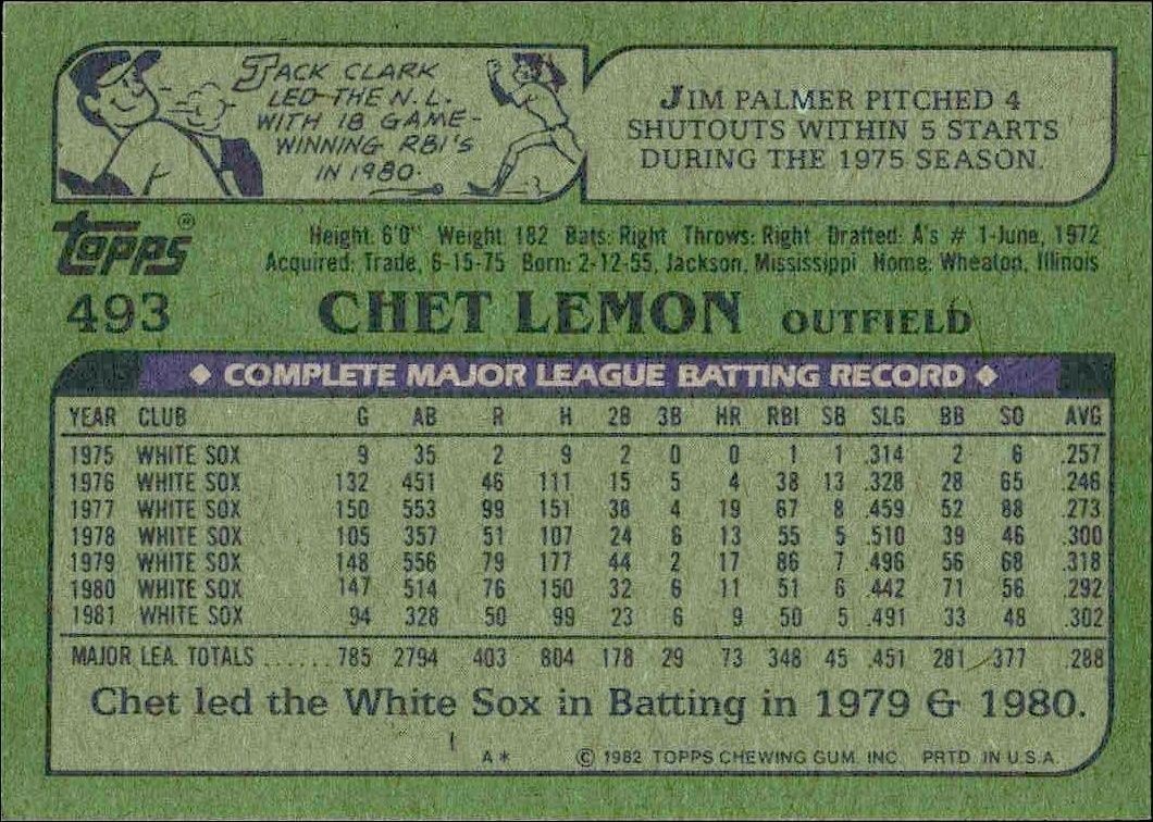 1982 Topps Chet Lemon #493 baseball trading card back