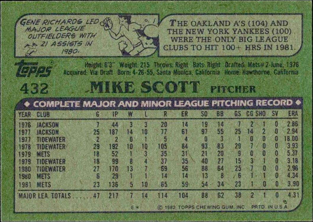 1982 Topps Mike Scott #432 baseball trading card back