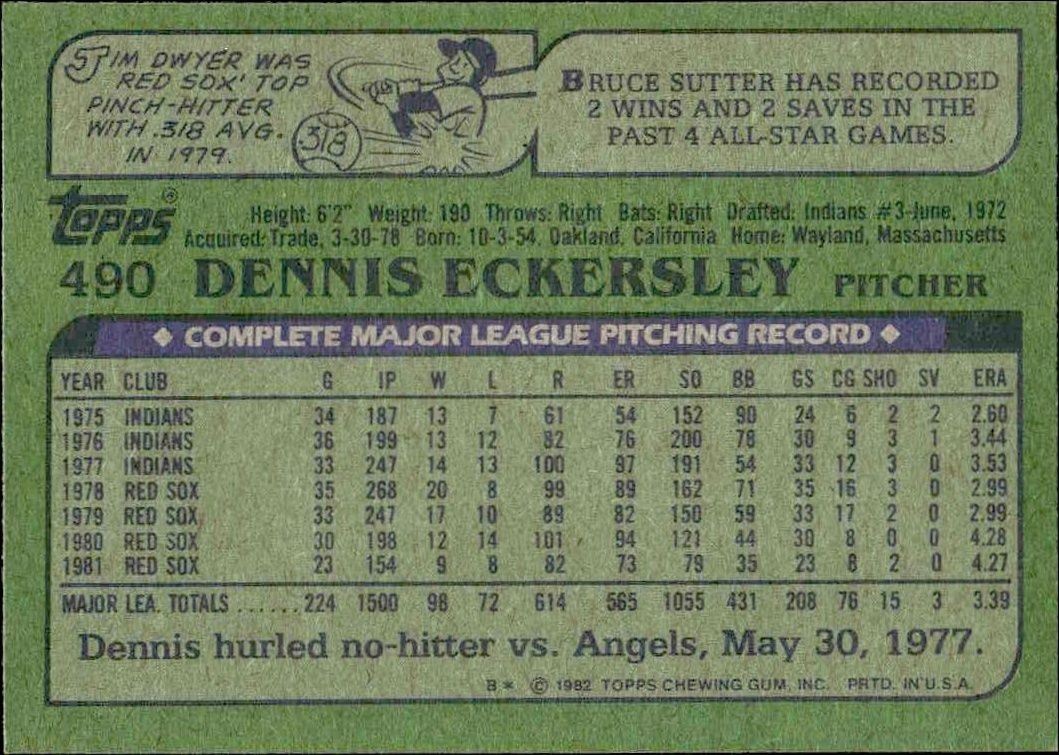 1982 Topps Dennis Eckersley #490 baseball trading card back