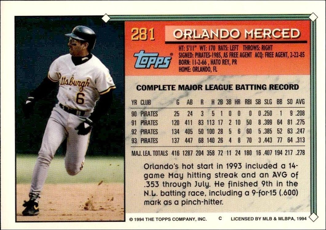 1994 Topps Gold Orlando Merced #281 baseball trading card back