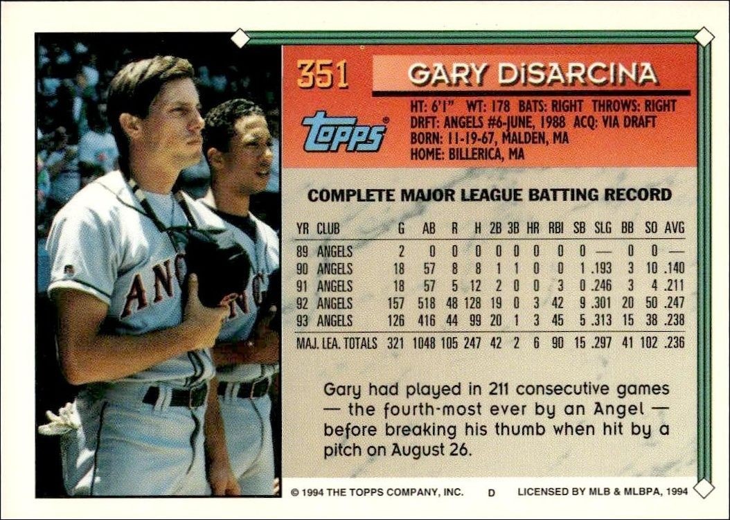1994 Topps Gold Gary DiSarcina #351 baseball trading card back