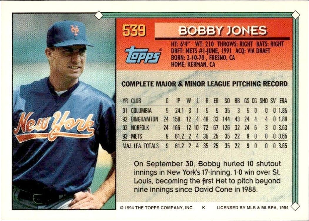 1994 Topps Gold Bobby Jones #539 baseball trading card back