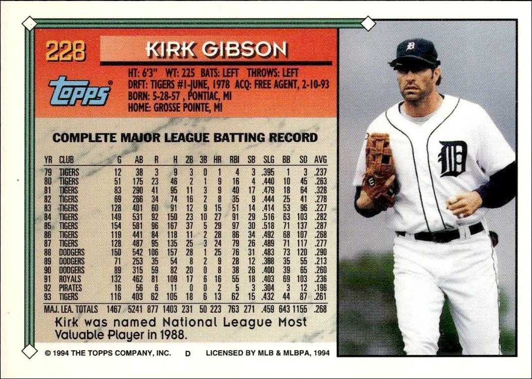 1994 Topps Gold Kirk Gibson #228 baseball trading card back
