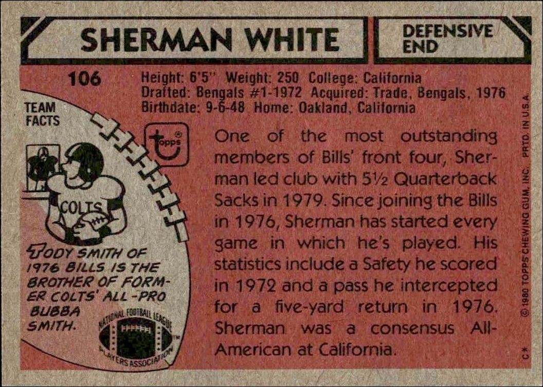 1980 Topps Sherman White #106 football trading card back