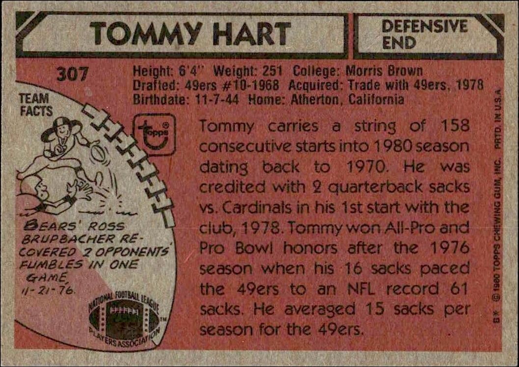 1980 Topps Tommy Hart #307 football trading card back
