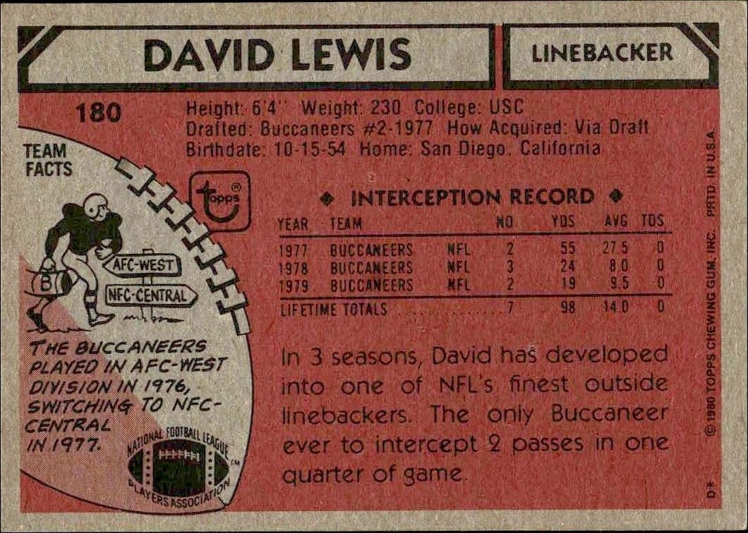 1980 Topps David Lewis #180 football trading card back
