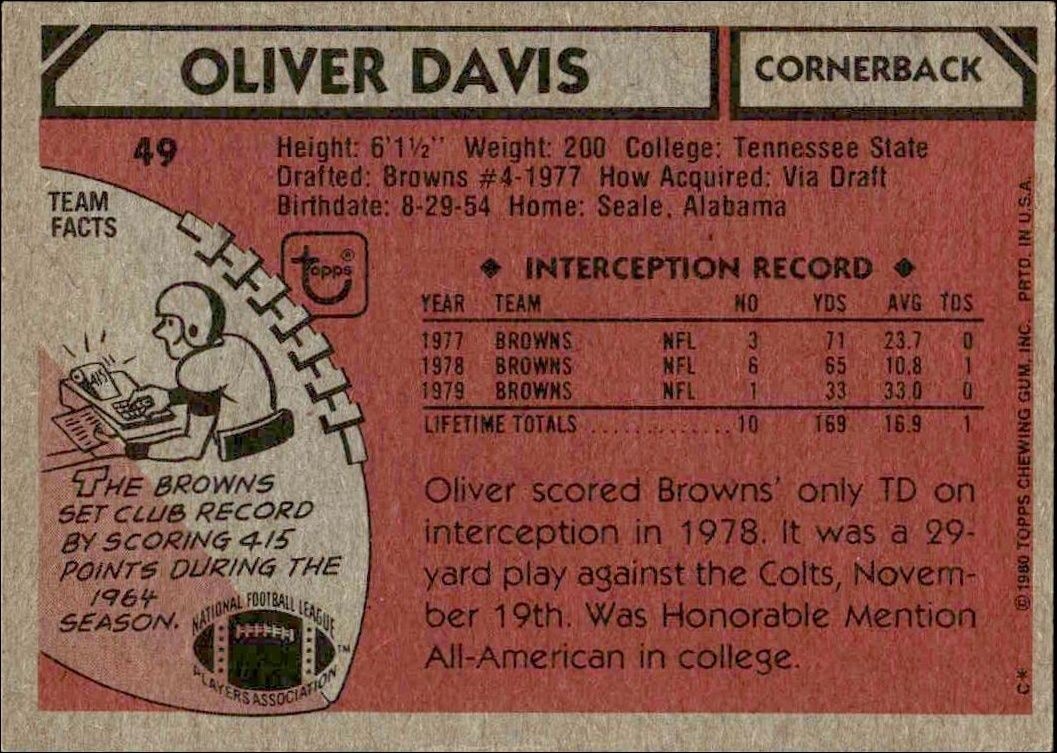 1980 Topps Oliver Davis #49 football trading card back