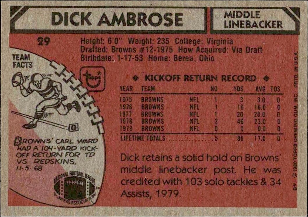 1980 Topps Dick Ambrose #29 football trading card back