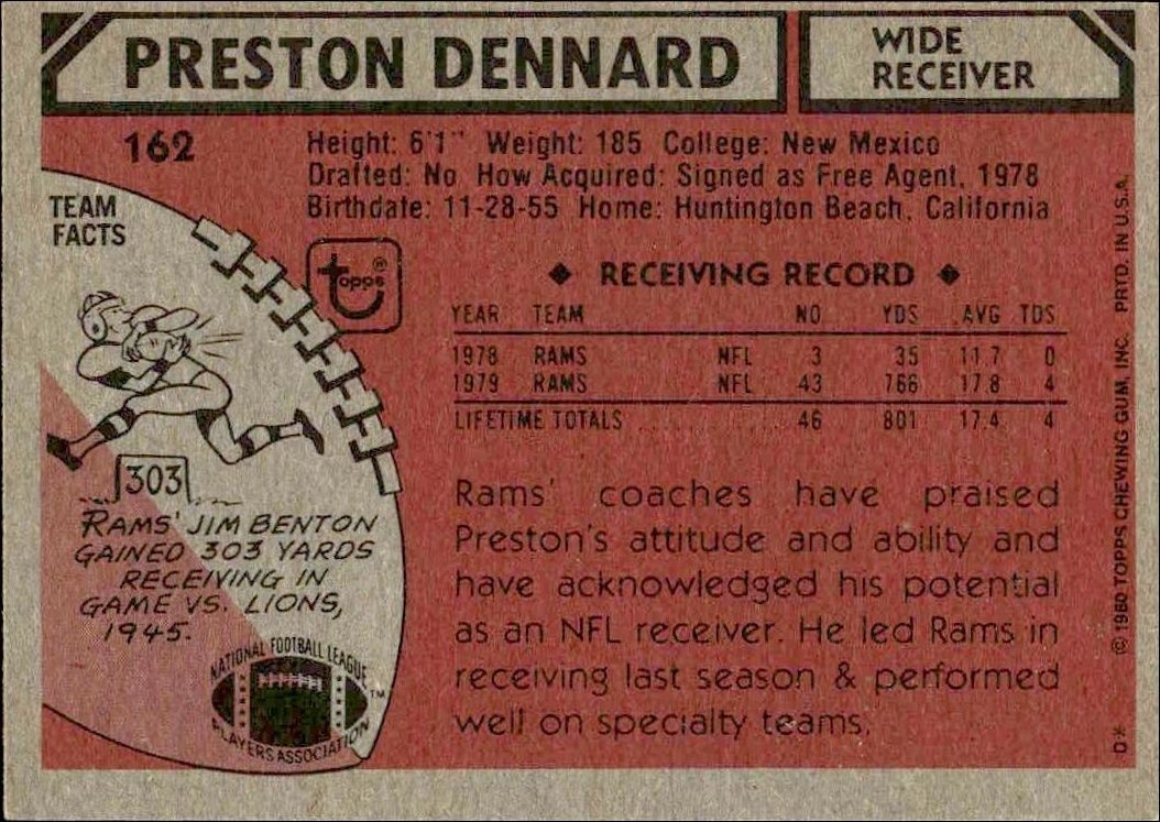 1980 Topps Preston Dennard #162 football trading card back