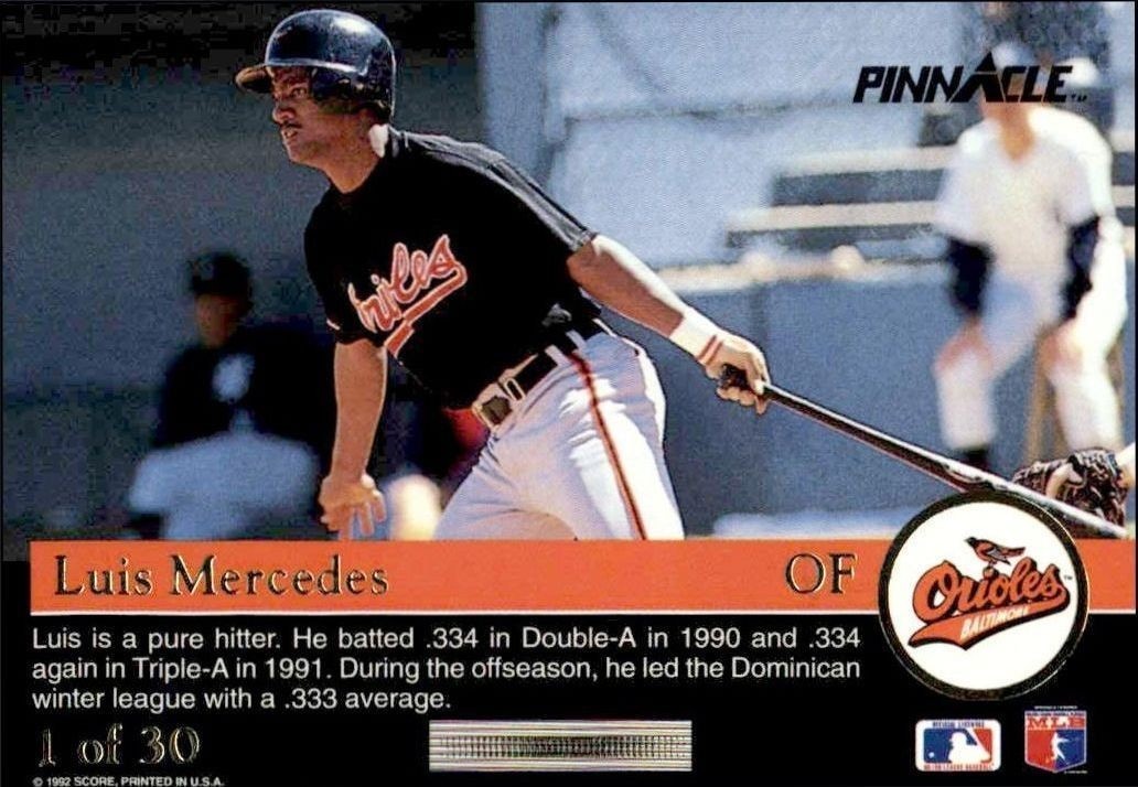 1992 Pinnacle Rookies Luis Mercedes #1 baseball trading card back