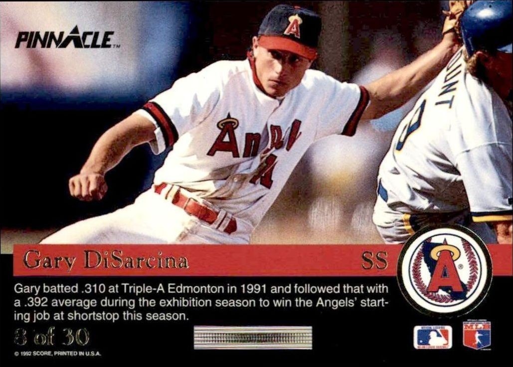 1992 Pinnacle Rookies Gary DiSarcina #8 baseball trading card back