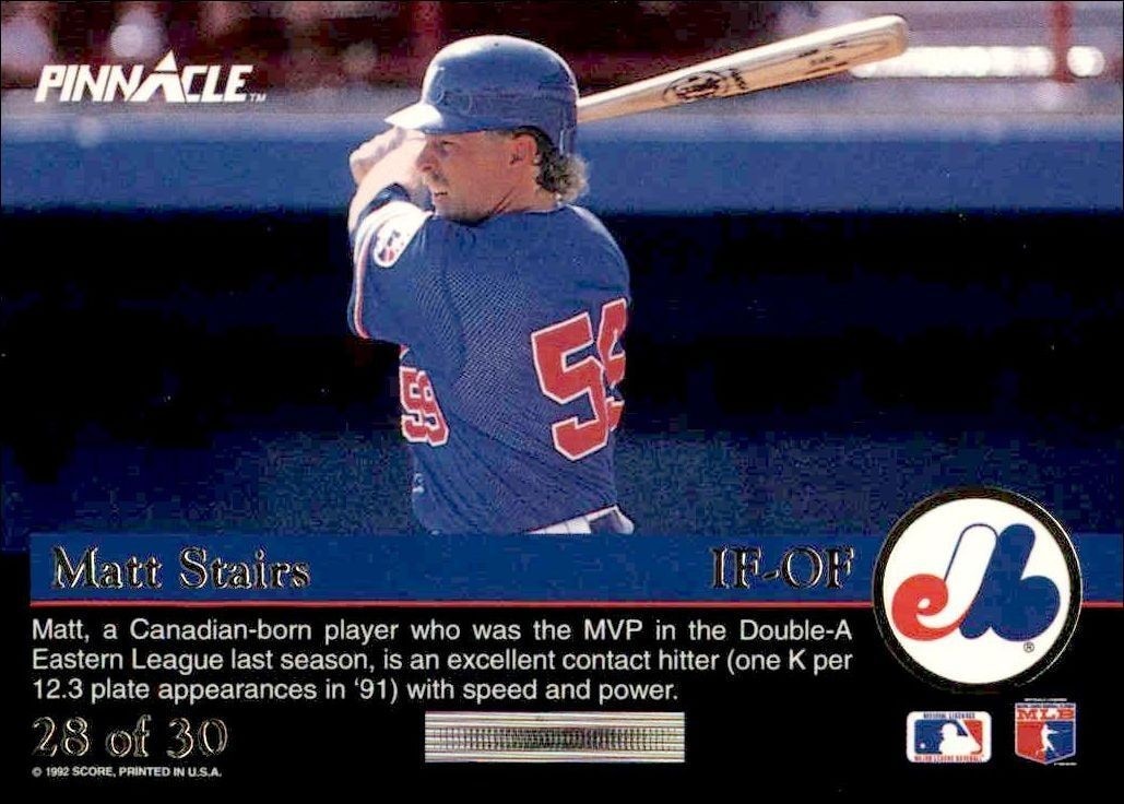 1992 Pinnacle Rookies Matt Stairs #28 baseball trading card back