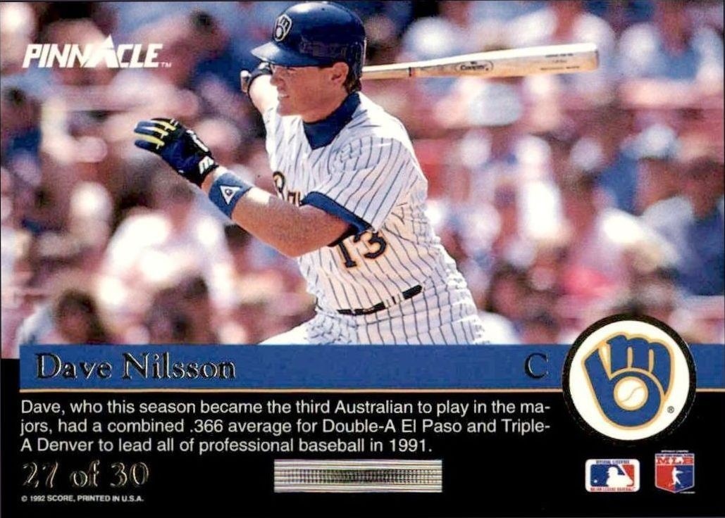1992 Pinnacle Rookies Dave Nilsson #27 baseball trading card back