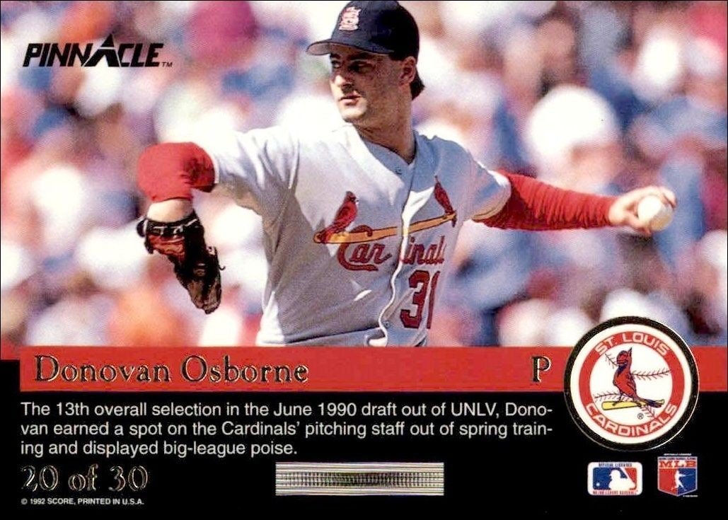 1992 Pinnacle Rookies Donovan Osborne #20 baseball trading card back