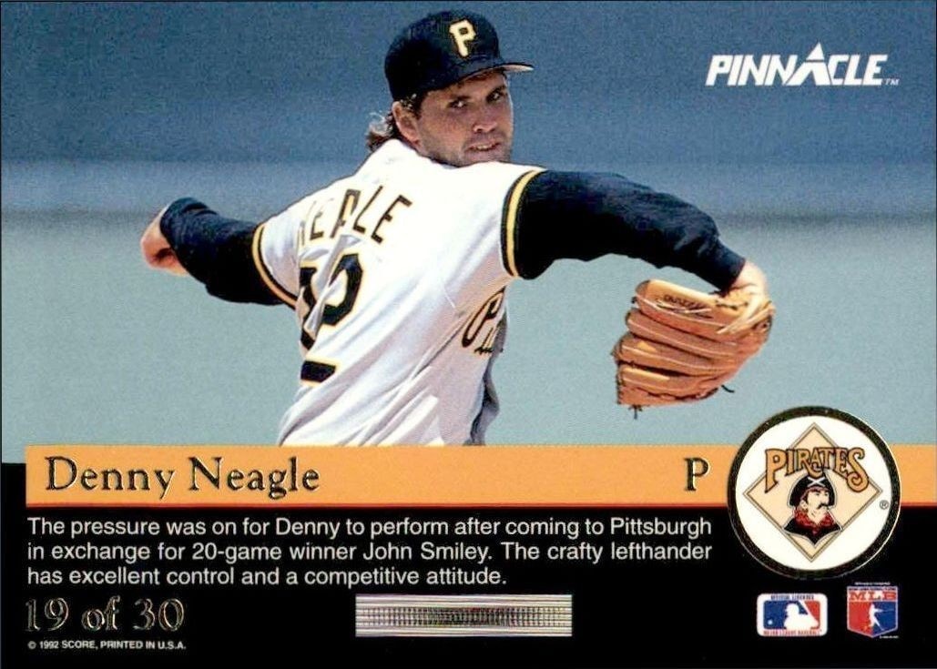 1992 Pinnacle Rookies Denny Neagle #19 baseball trading card back