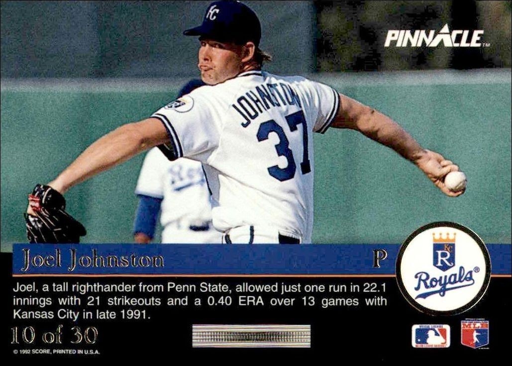 1992 Pinnacle Rookies Joel Johnston #10 baseball trading card back