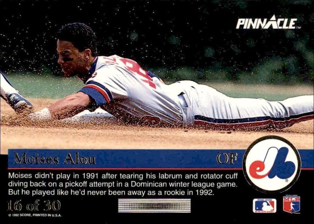 1992 Pinnacle Rookies Moises Alou #16 baseball trading card back