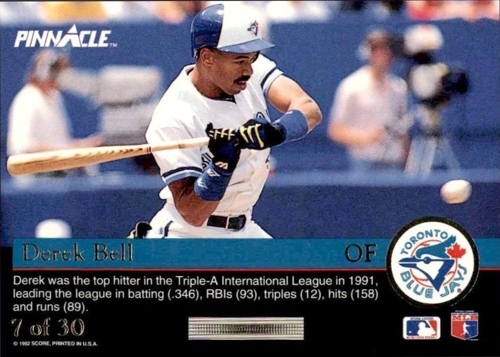 1992 Pinnacle Rookies Derek Bell #7 baseball trading card back