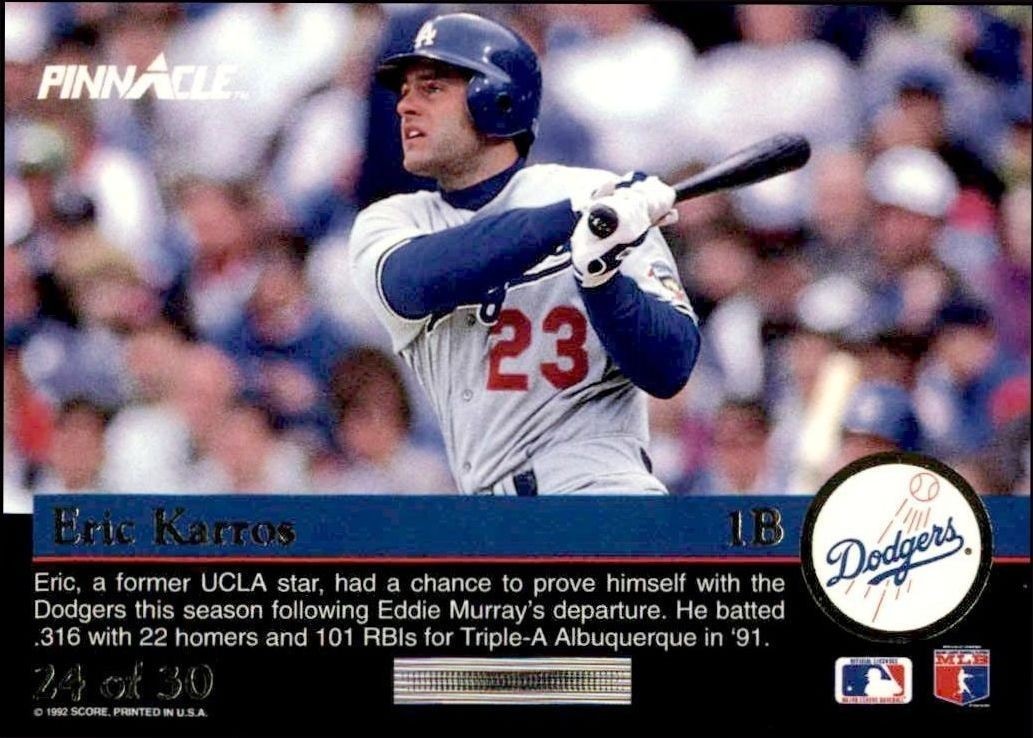 1992 Pinnacle Rookies Eric Karros #24 baseball trading card back