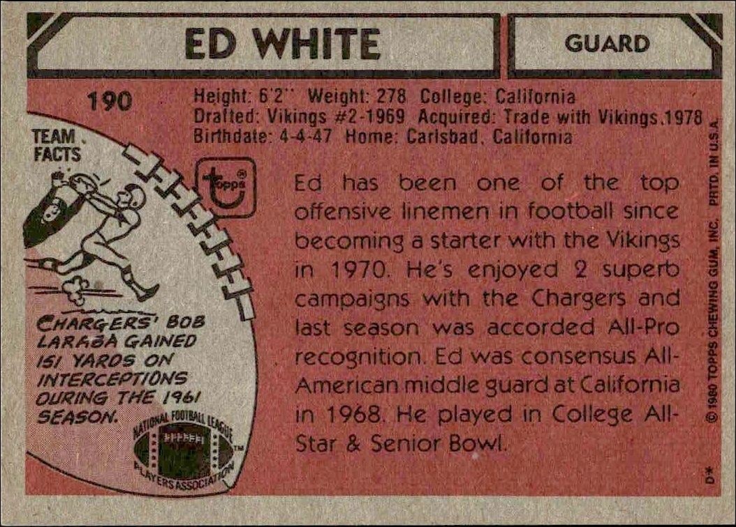 1980 Topps Ed White #190 football trading card back