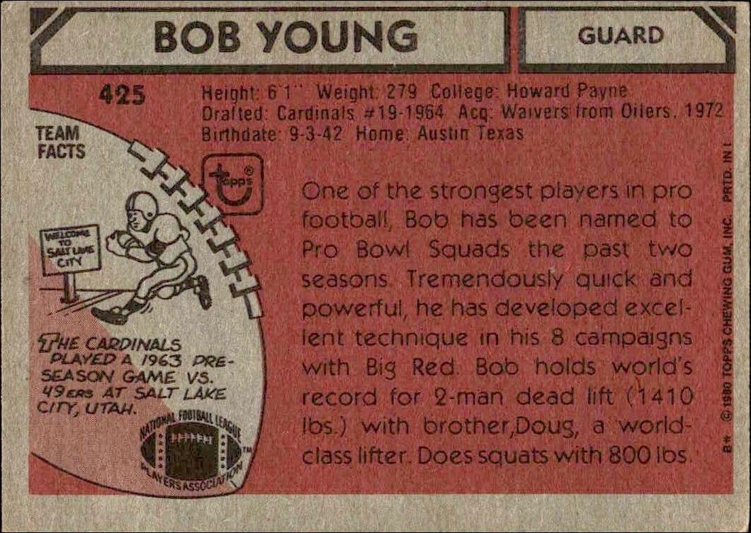 1980 Topps Bob Young #425 football trading card back