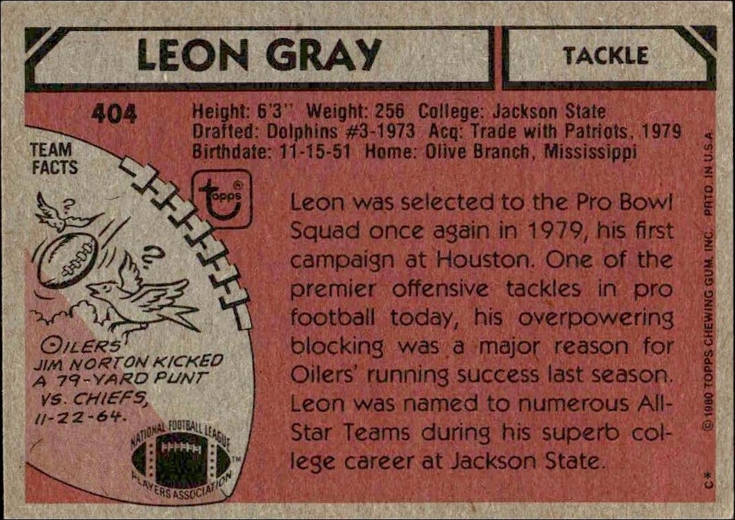 1980 Topps Leon Gray #404 football trading card back