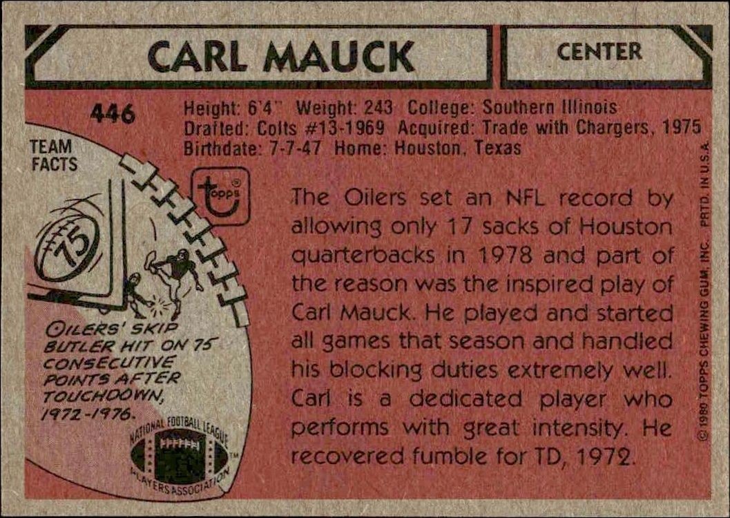 1980 Topps Carl Mauck #446 football trading card back